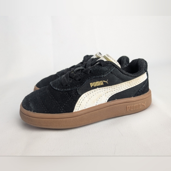 PUMA Unisex Baby Kid Shoes Flat Black Suede Size 7 Tan Soles - Picture 3 of 8